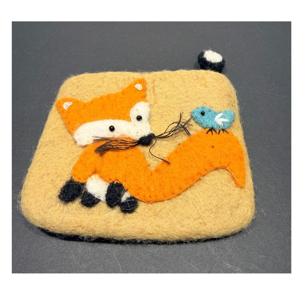 Handmade‎ Felted Wool Fox Bird Coin Purse Pouch Mustard Yellow Made in Nepal